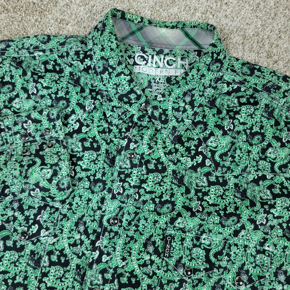 Cinch Modern Fit Mens XL Green Black AOP Paisley Pearl Snap Long Sleeve